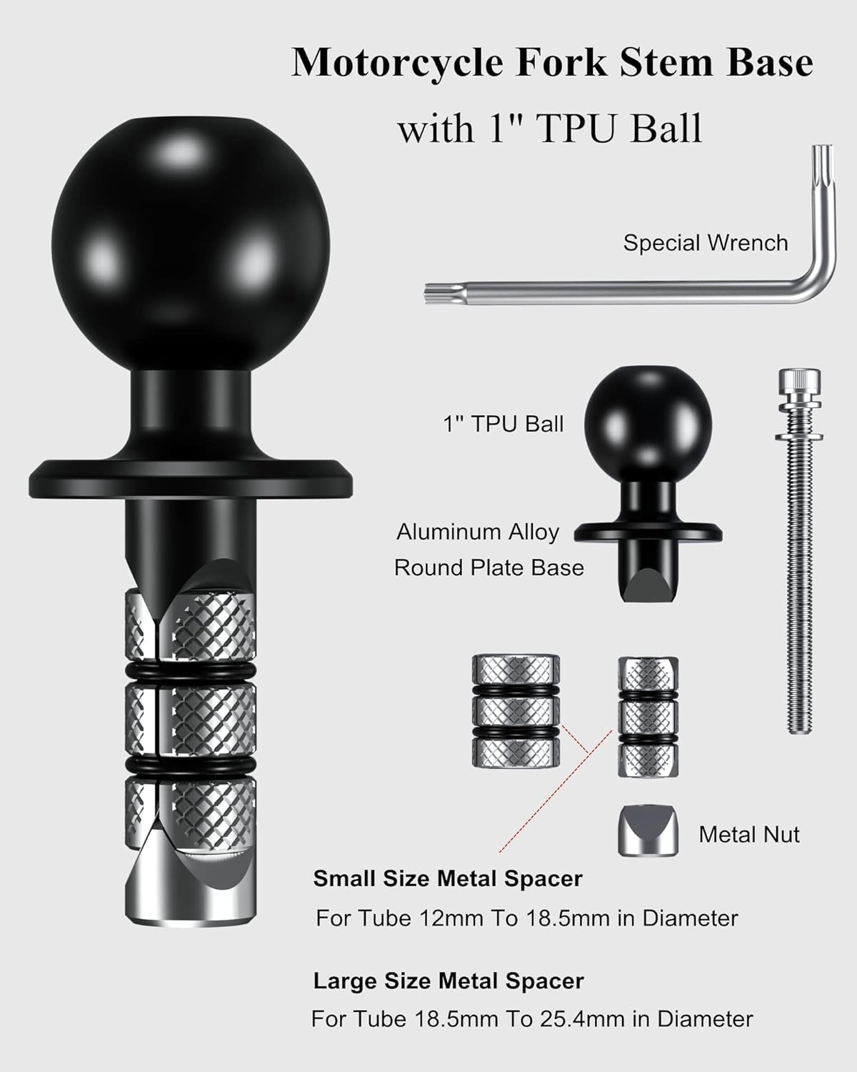 Metal Motorcycle Fork Stem Mount Base with 1» TPU Ball for Stem Holes 12Mm to 2