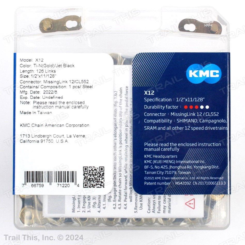 KMC X12 12-Speed 126L Ti Nitride Gold / Black Bike Chain fits SRAM Shimano