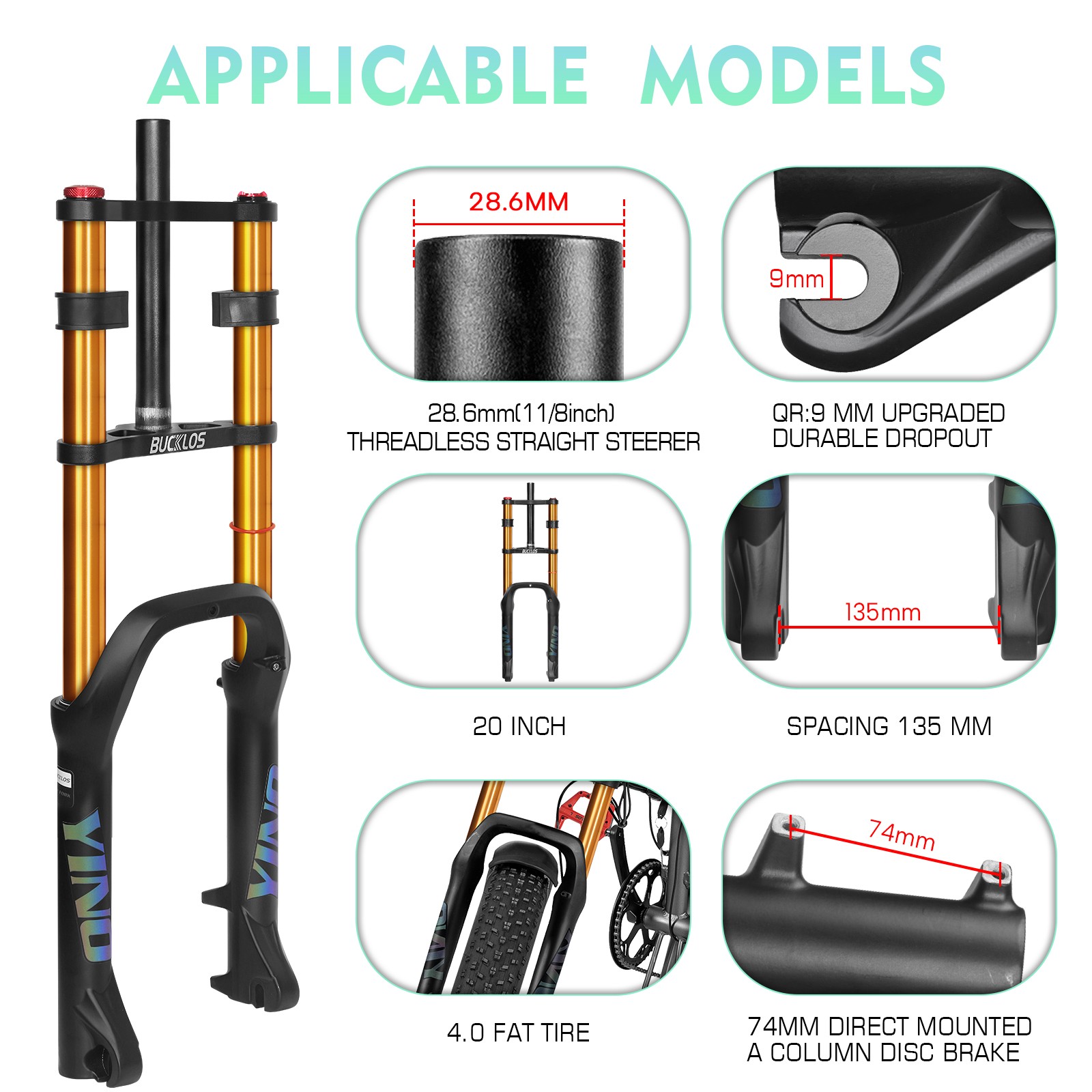 BUCKLOS 20 inch 4.0 Fat Tire E-Bike Air Suspension Fork 180mm Travel Front Forks