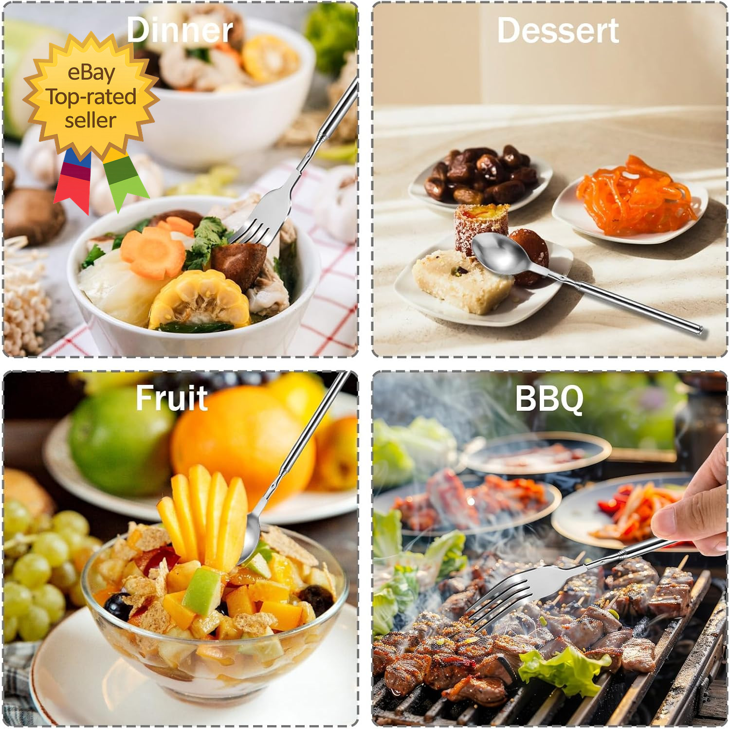 2 Pcs Extendable Fork & Spoon 8.7 to 25.5 Inch Adjustable Telescopic Retractable