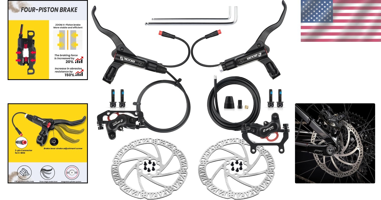 Ebike Hydraulic Brake Set 4-Pistons 160mm Rotors 2-Pin Power-Off Kit Aluminum