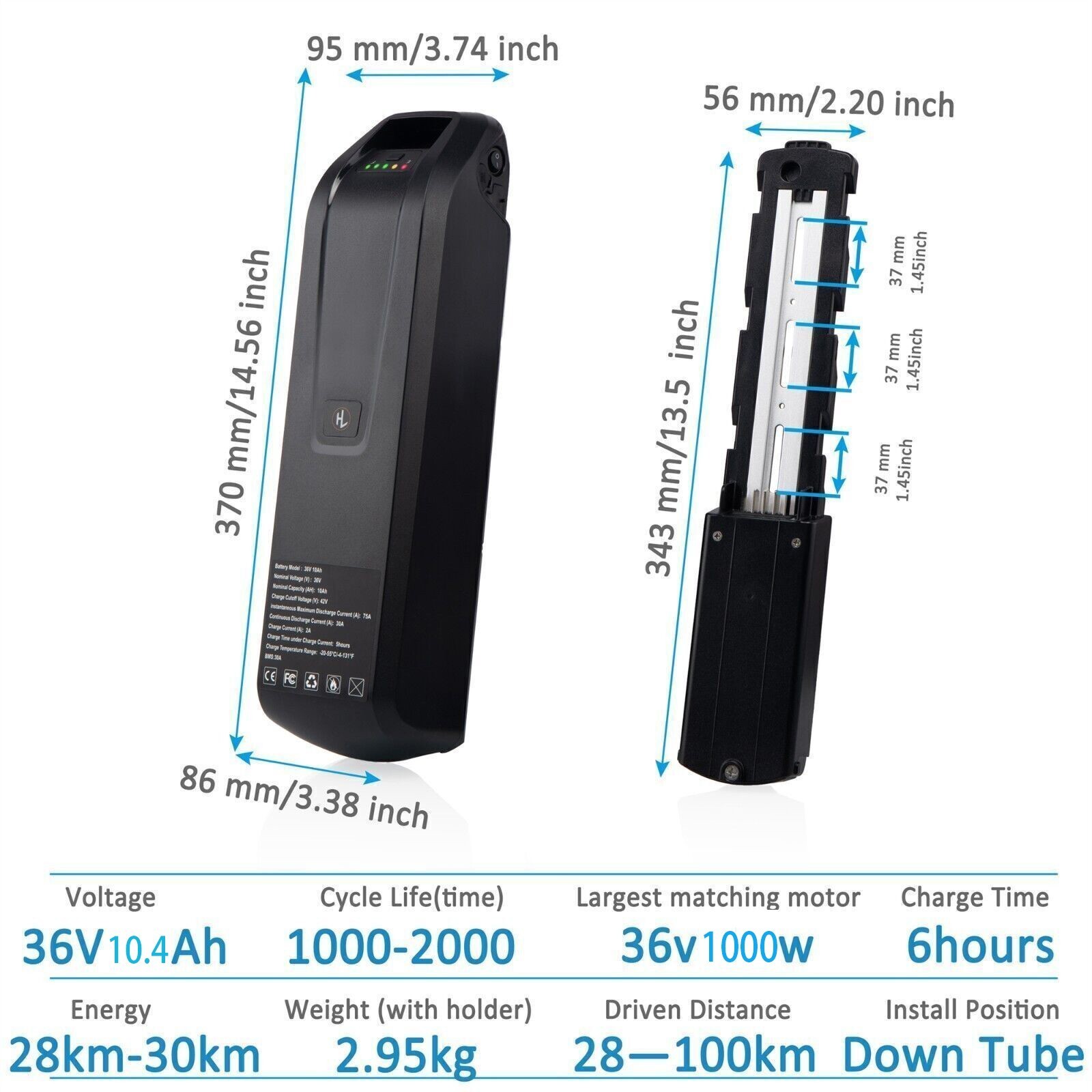 Lithium Ebike Battery 48V 36V 10.4Ah 1000W 750W 500W 350W 200W Electric Bike 30A