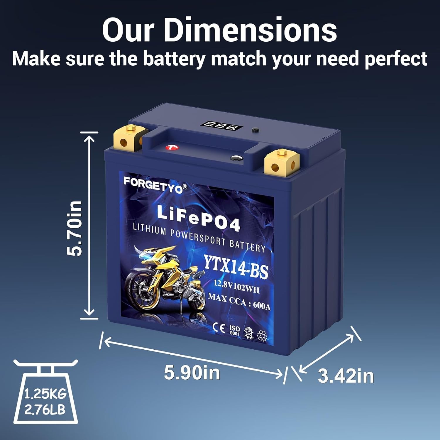 Lithium Motorcycle Battery, ATV Battery 12V 8AH 600CCA Compatible with YTX14-BS