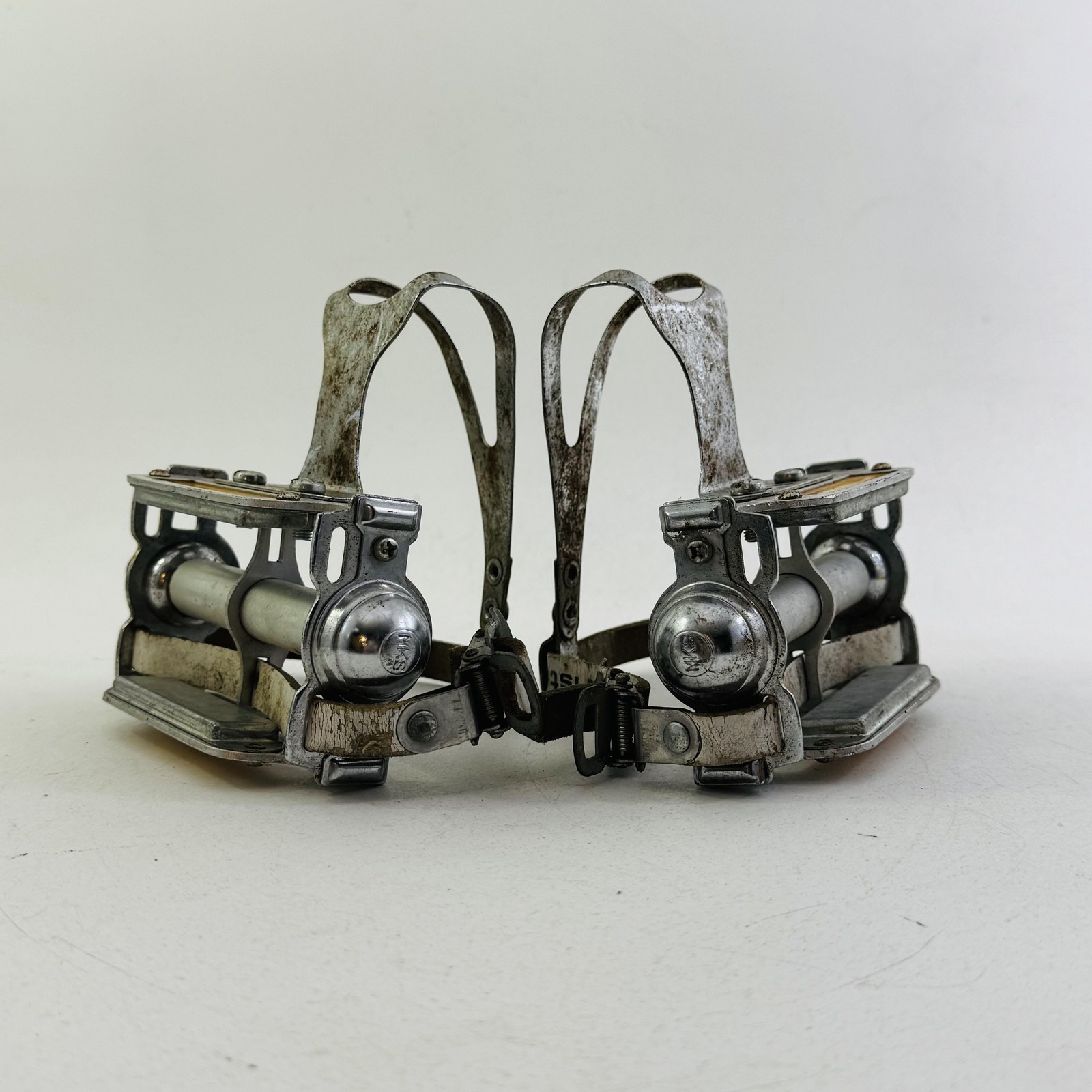 Vintage MKS K11A Platform Pedals Christophe Toe Clips Straps 9/16 In Silver A96