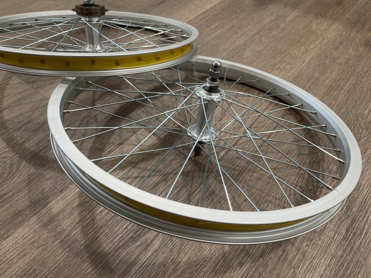 20″ Bicycle Alloy Silver Chrome Wheels 36 Spoke Front & Rear Freewheel 12g BMX