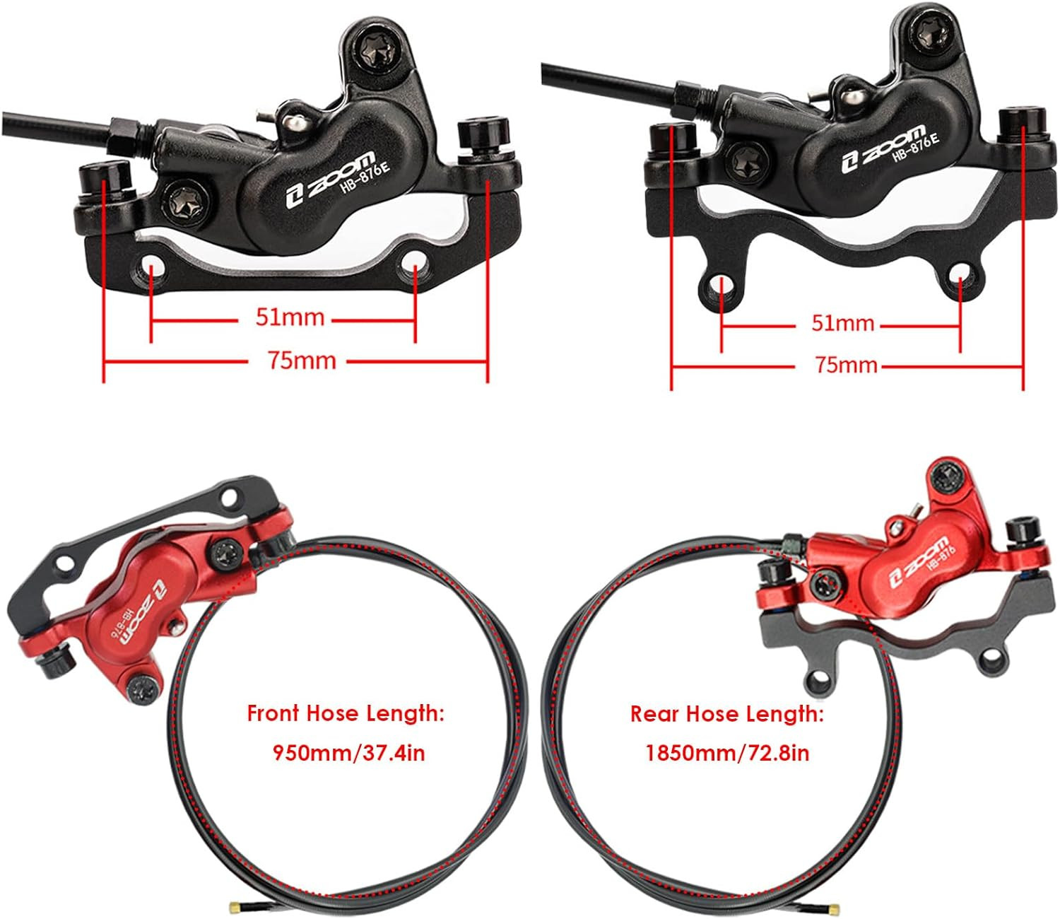 Zoom HB876E 4-Piston Ebike Hydraulic Disc Brake Set, Power-Off System with 2/3-P