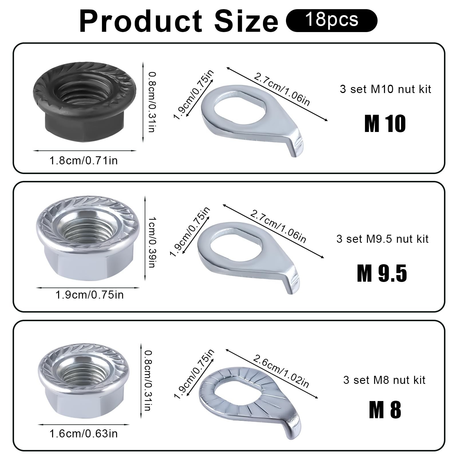 Bike Wheel Axle Nut and Bicycle Hub Safety Washer Kit, Flanged Nuts Parts Access