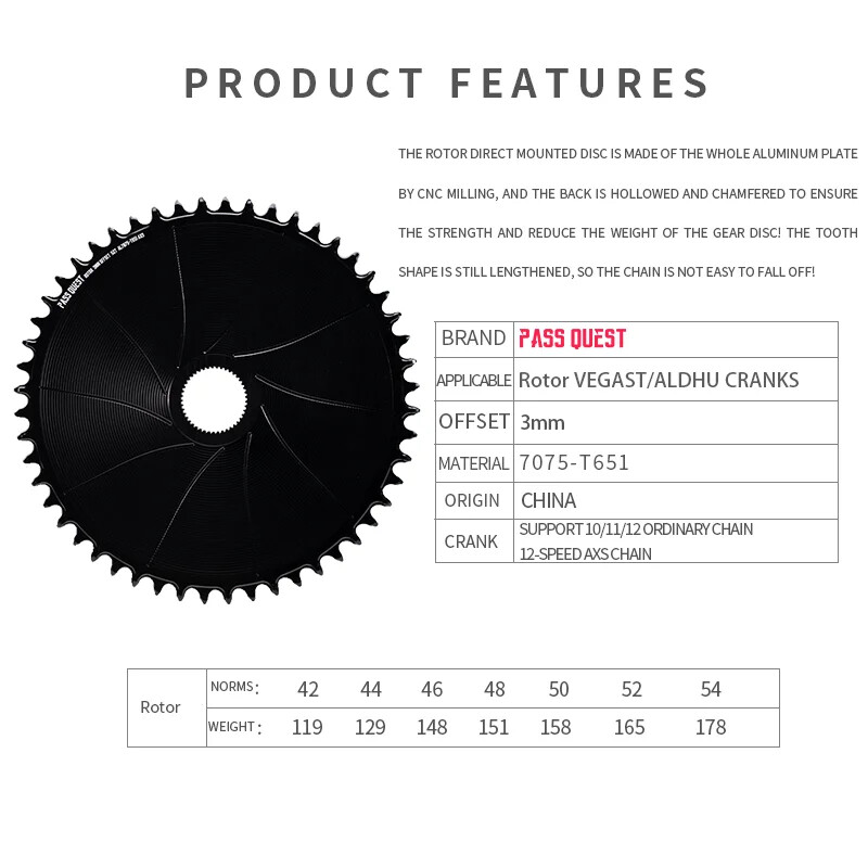 PASS QUEST Rotor Gravel Bike 3mm Offest AERO Round Narrow Wide Chainring