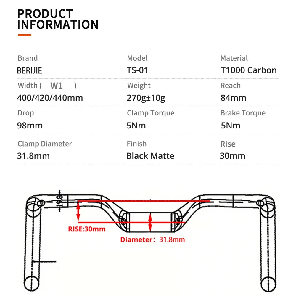 Full Carbon Road Bike Handlebar Rise 30mm Width 400/420/440mm Black Matte