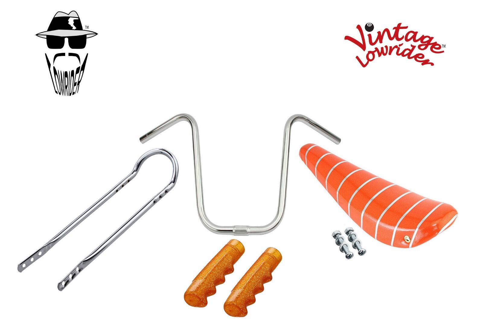 16″ VINTAGE LOWRIDER ORANGE/SILVER BANANA SEAT W/ GRIPS, SISSYBAR & HANDLEBAR.