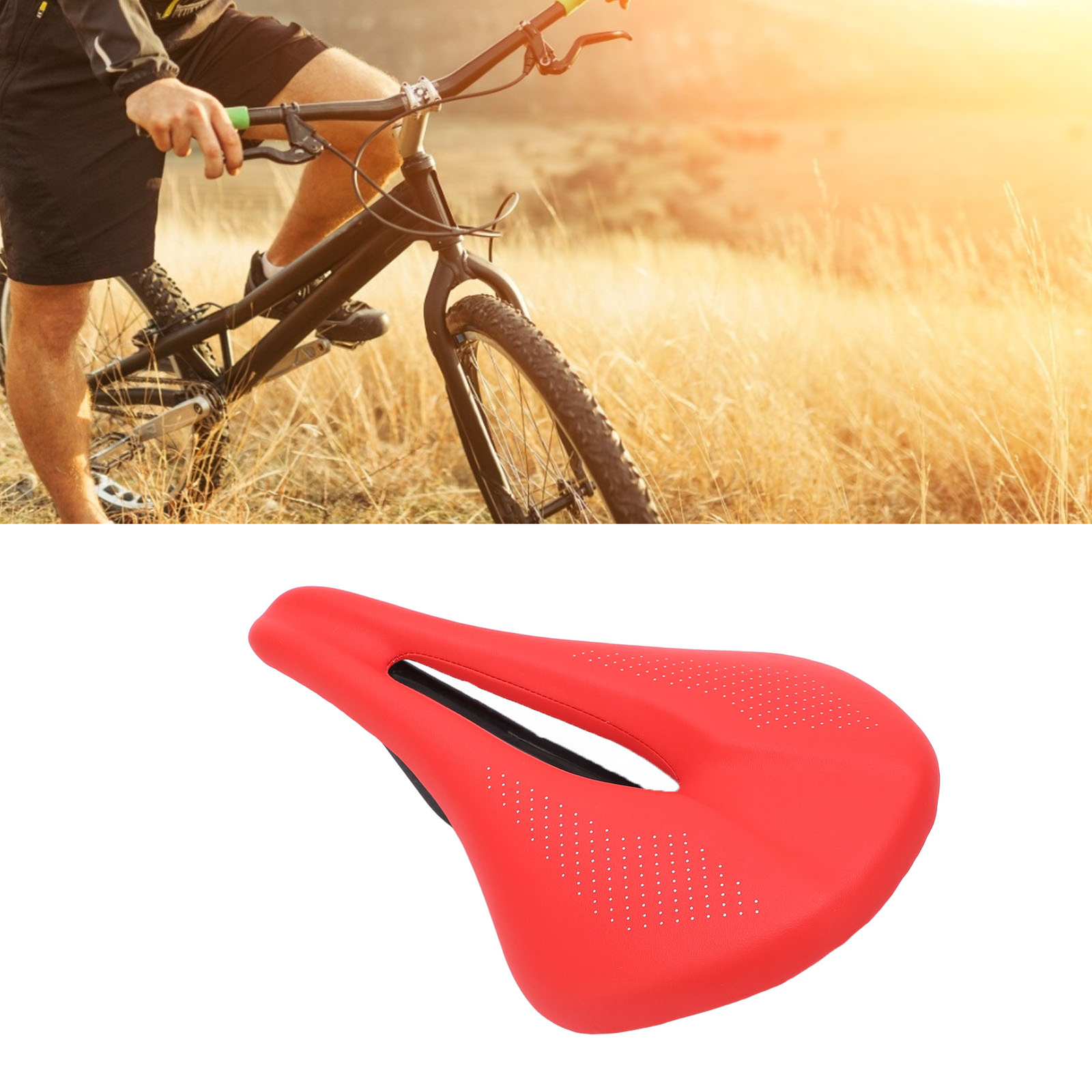 (Red)155mm Widen Carbon Fiber Leather Saddle Cushion Hollow Cycling