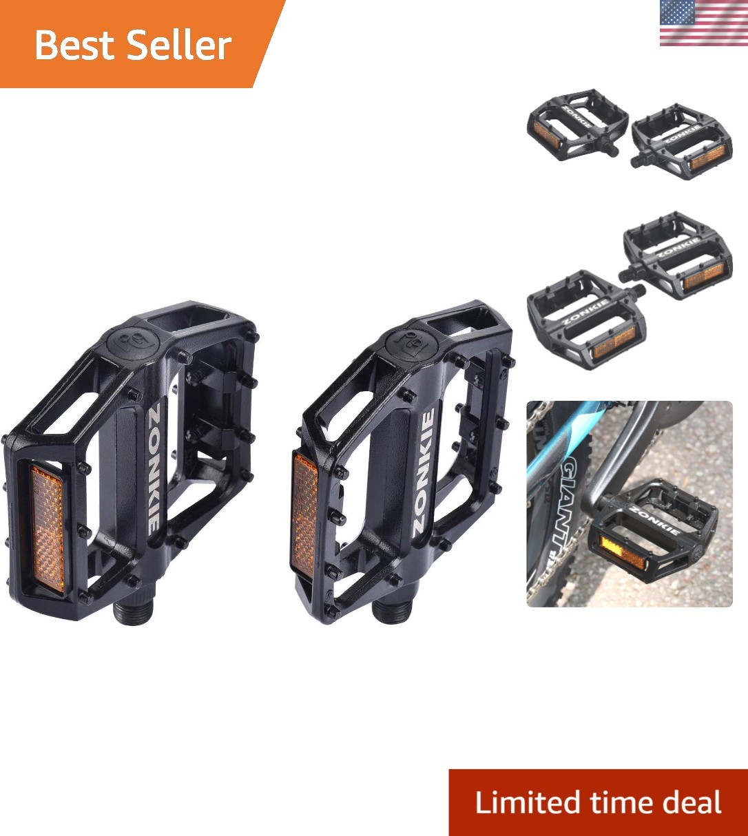 Sealed DU Bearing Bicycle Pedals in Black – Aluminum Alloy, Reflective Safety