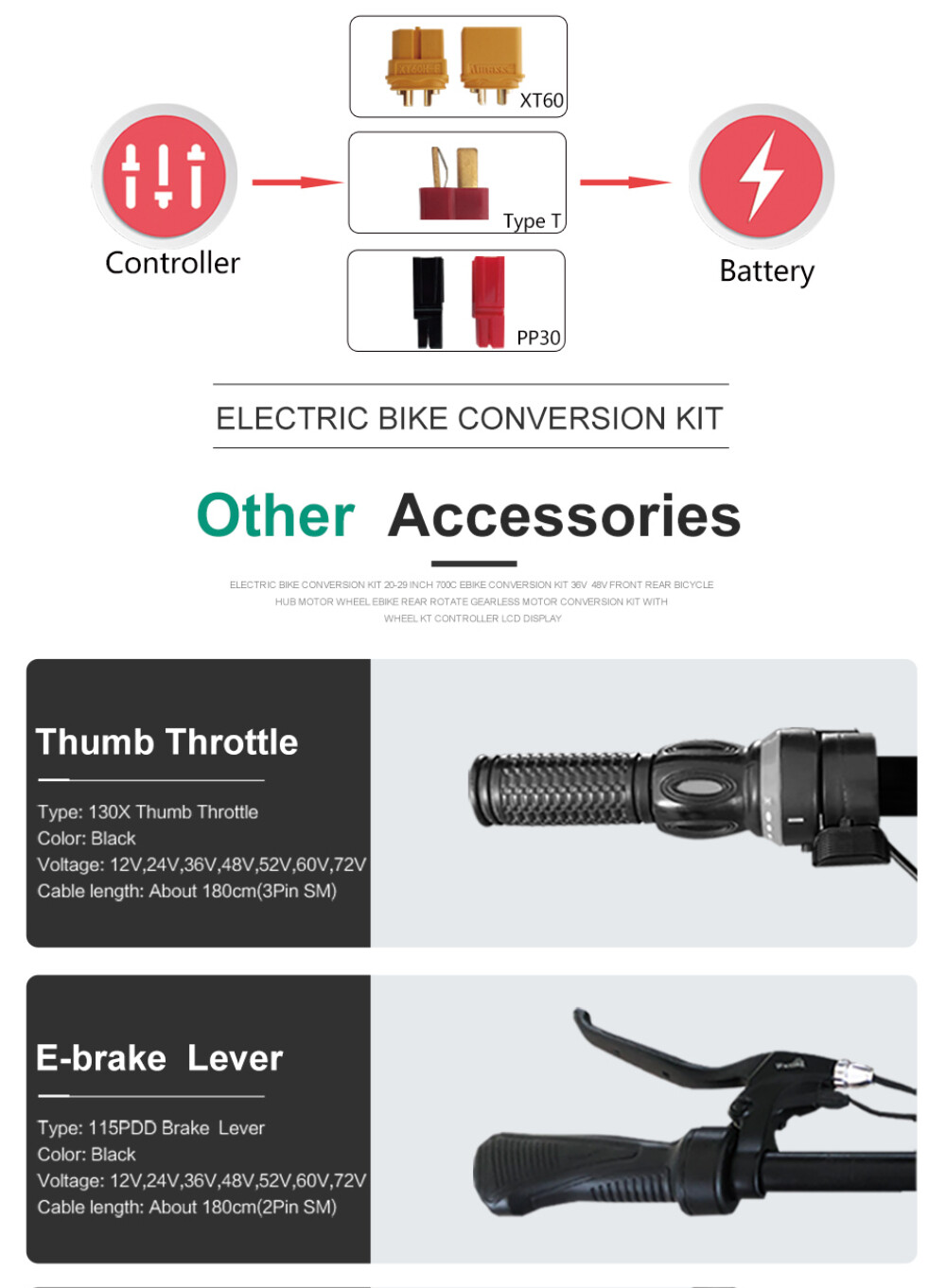 48V 2000W Electric Bike Brushless Non-Gear Front/Rear Motor Conversion Kit
