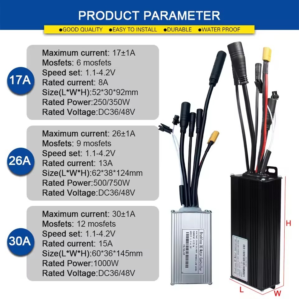 E-bike 24V/36V/48V 17A 26A 30A Sine Wave Controller WP Plug for 350W-1000W Motor