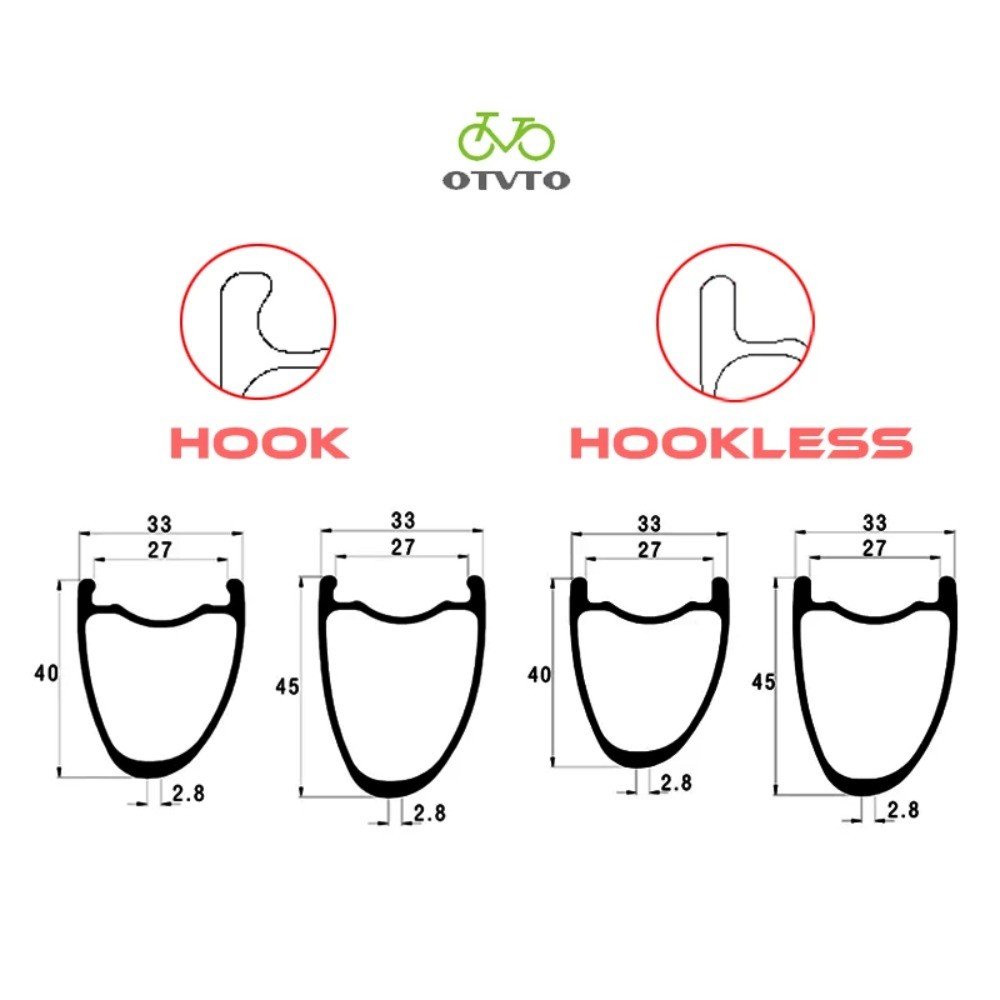Gravel Bike Carbon Rim 40mm 45mm Deep 33mm Wide Tubeless Hook Hookless