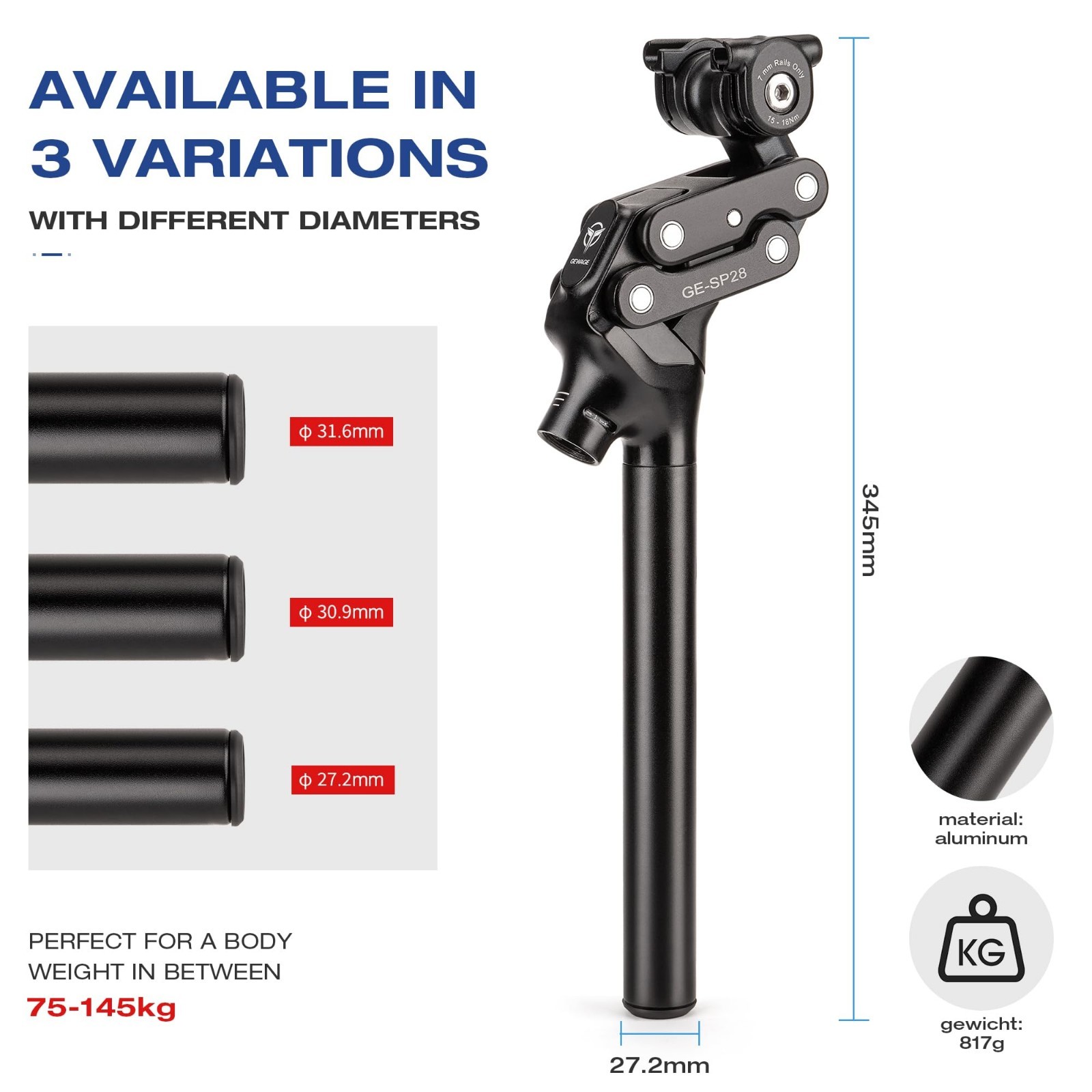 Adjustable Bike Suspension Seatpost 27.2/30.9/31.6mm Shock Absorber for Mountain
