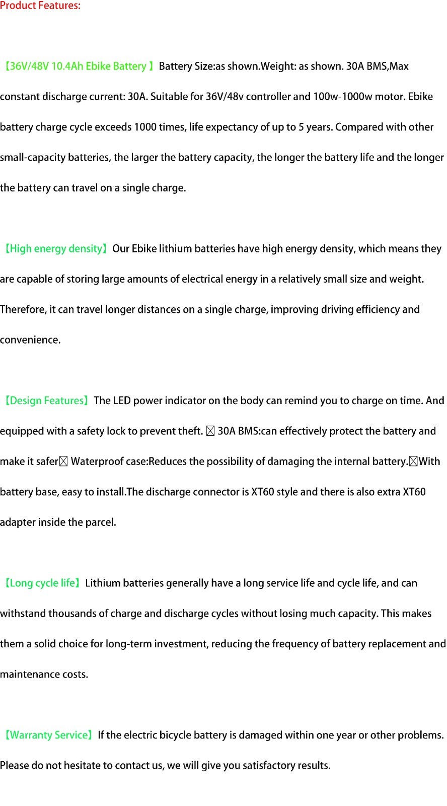 Lithium Ebike Battery 48V 36V 10.4Ah 1000W 750W 500W 350W 200W Electric Bike 30A