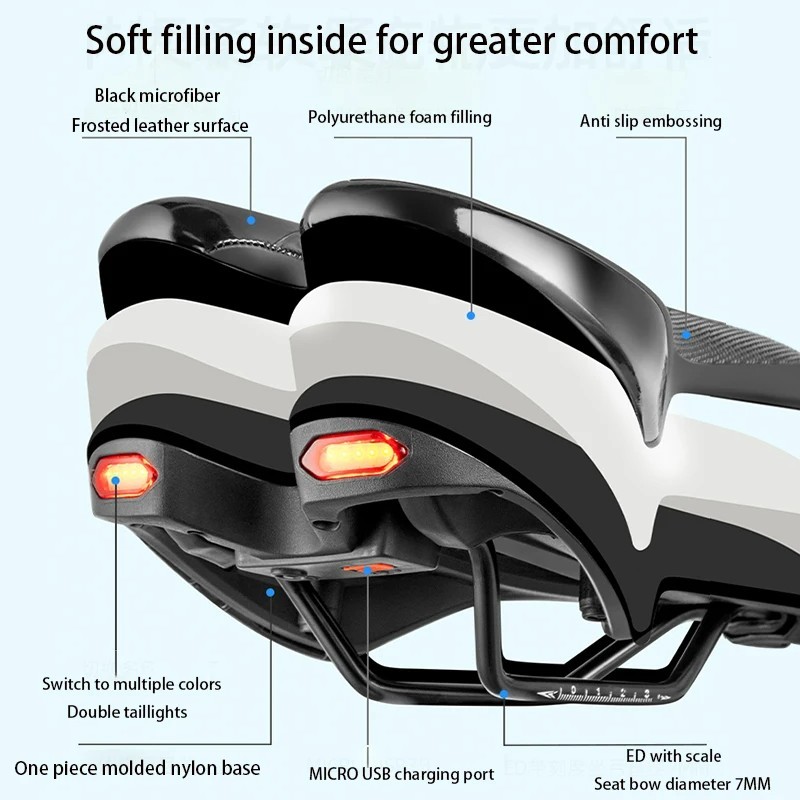 Bicycle Saddle with Dual Tail Lights USB charging PLSELIS MTB Road Bike