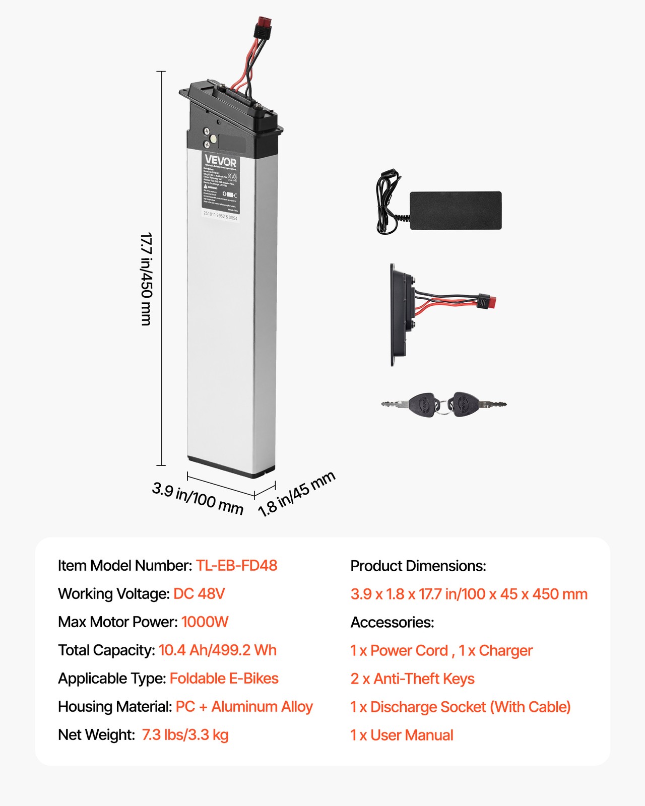 VEVOR Folding Ebike Battery Electric Bike Lithium Battery 48V 10.4Ah 1000W BMS
