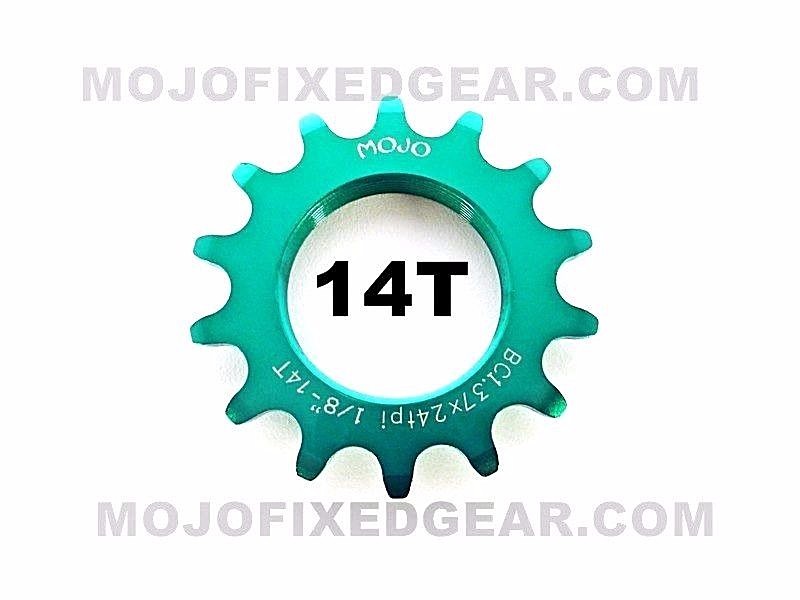 MOJO 14T FIXED GEAR COG – GREEN ANODIZED Cro-Mo TRACK 14 TOOTH 1/8 INCH CNC