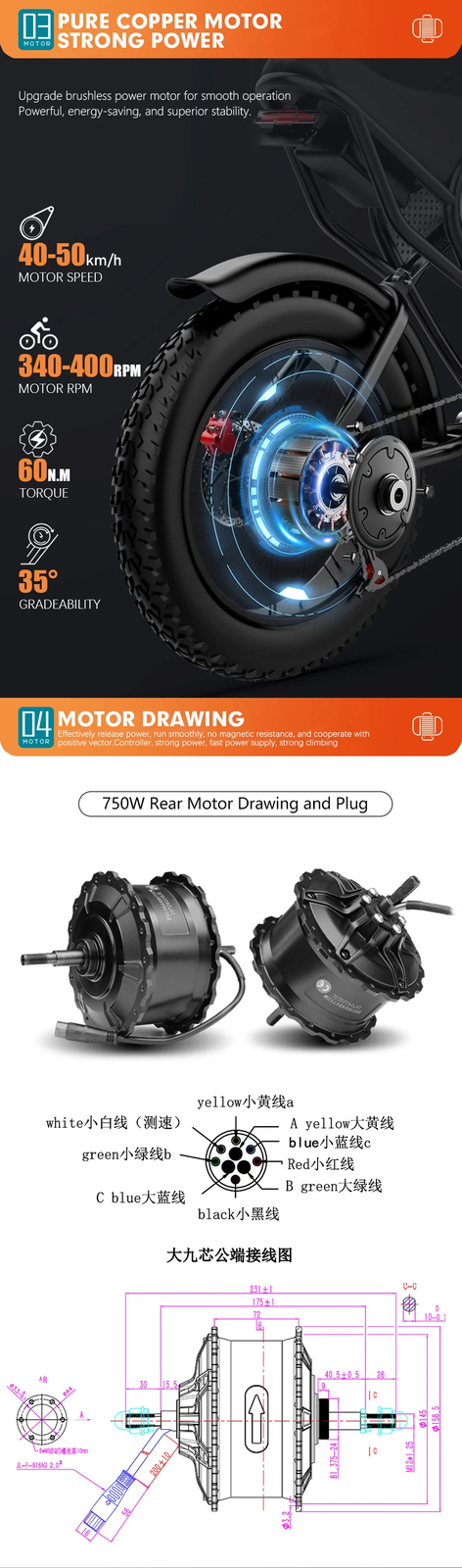 48V 750W Snow E-Bike Hub Motor 4.0Tyre Gear Rear Rotate Wheel Dropout 170-175mm