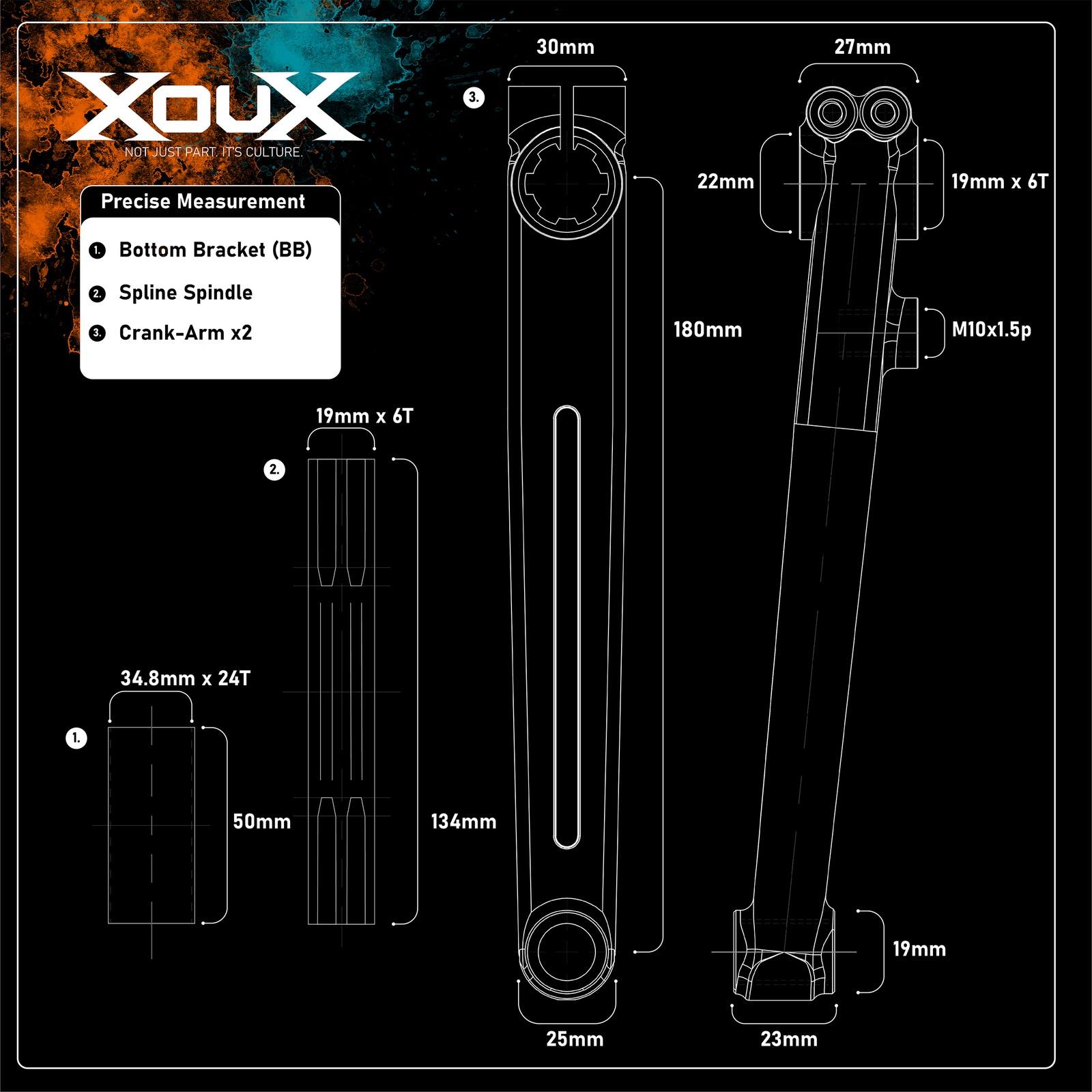 XOUX TITAN BMX Crankset 3pc 180mm Gloss Black Cr-Mo Cranks 19mm Spindle + BB