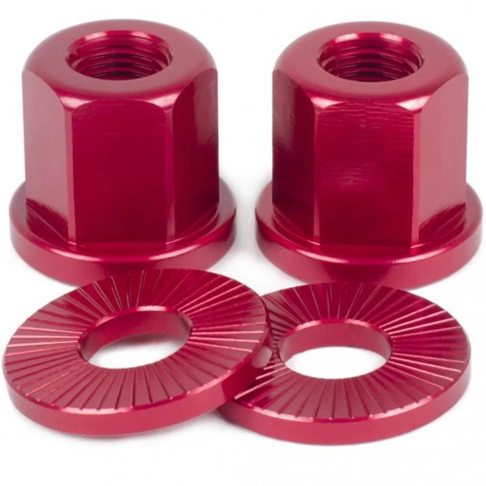 2 x SHADOW CONSPIRACY FEATHERWEIGHT ALLOY BMX AXLE NUTS 3/8 X 26 TPI RED NEW