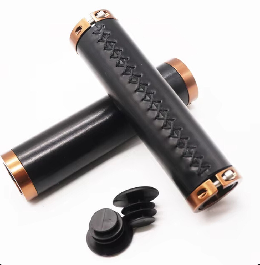 Retro PU Leather Bike Grips, Hand-Sewn, Shock-Absorbing, Universal Fit