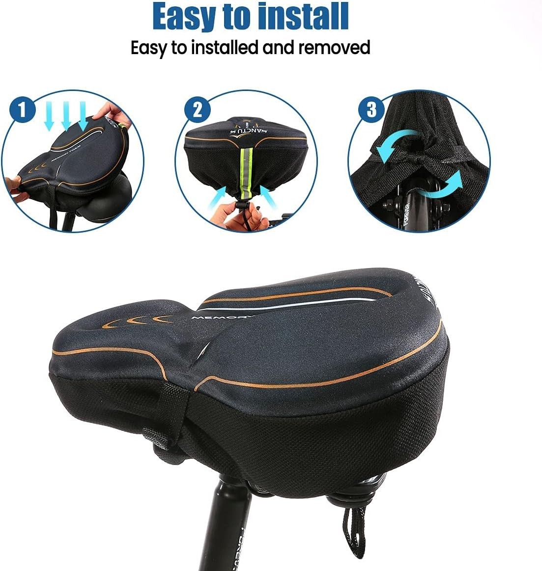 Bike Seat Cushion Cover Memory Foam Large Wide Waterproof Padded for Men Women