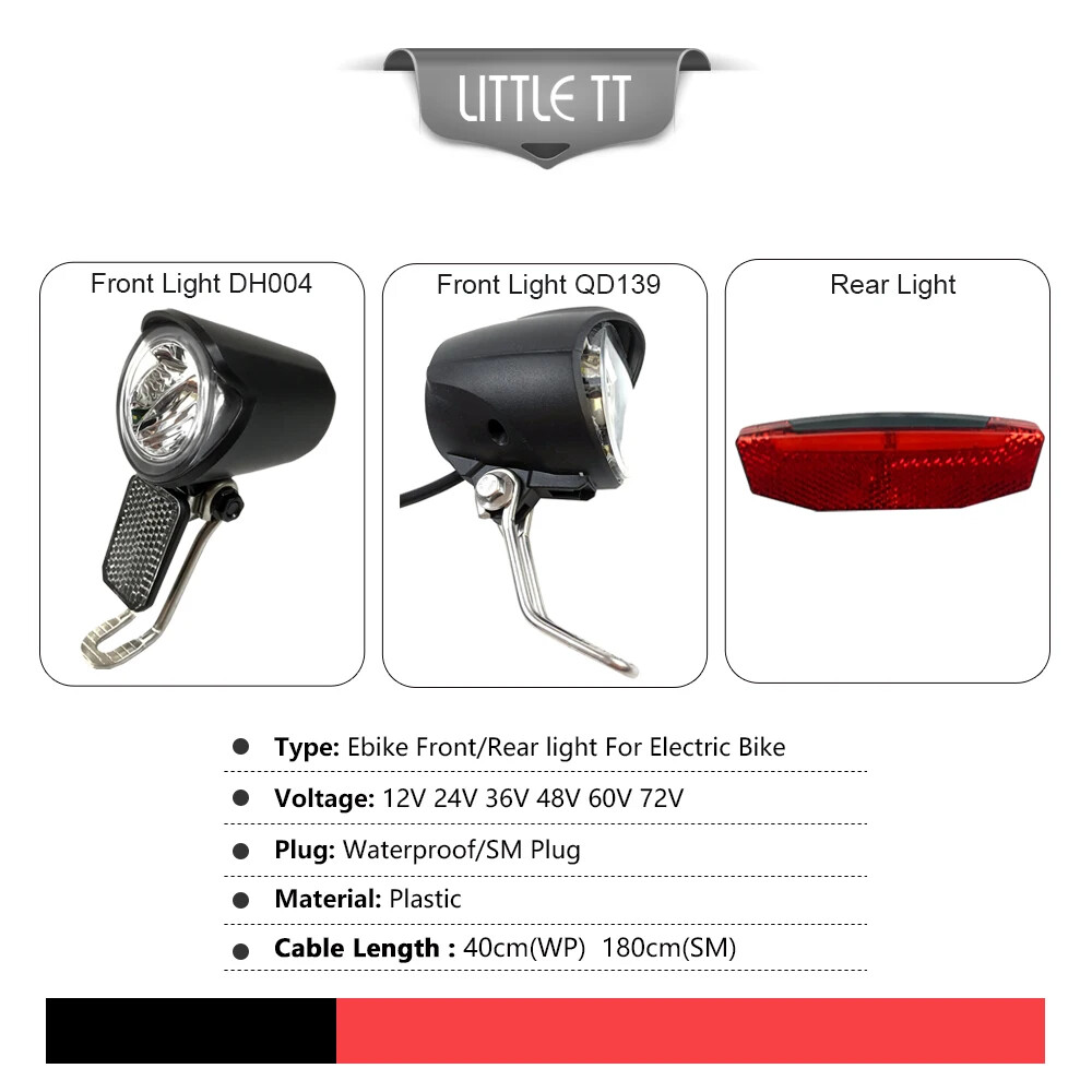 E-bike LED Headlight and E-Bike Rear Light 12V 24V 36V 48V 60V for Electric Bike