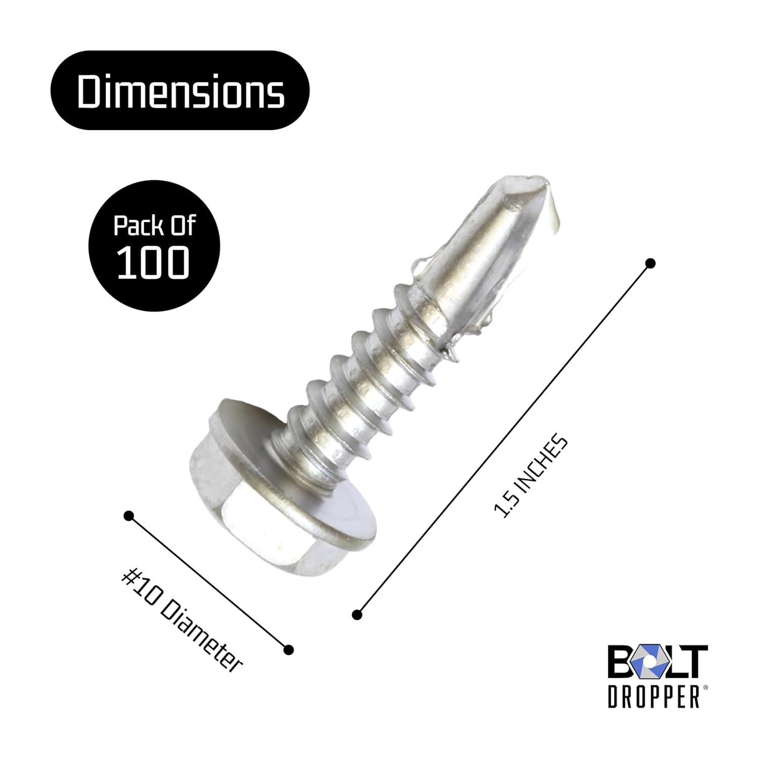 #10 X 1-1/2-Inch Stainless Steel TEK Screws – Pack of 100 Self Tapping Screws –