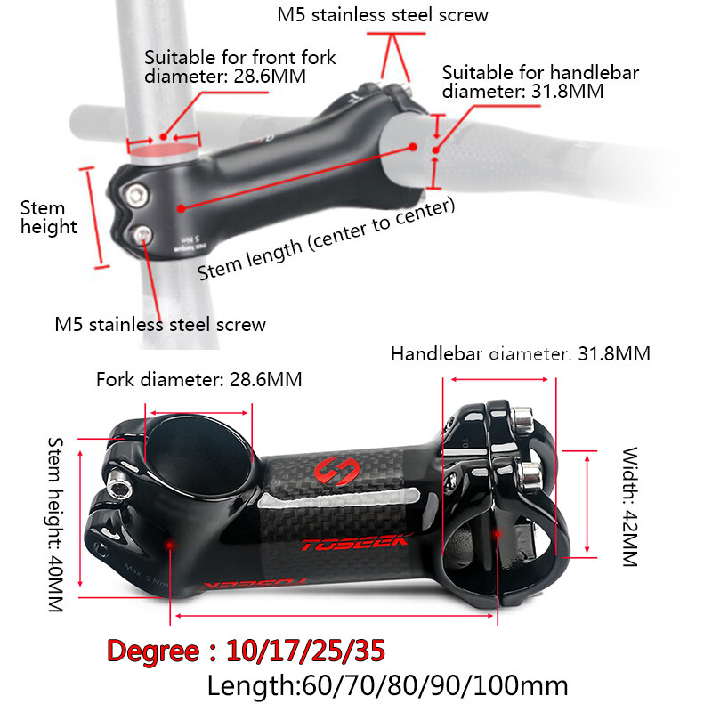 TOSEEK Bicycle Carbon Stem 10/17/25/35 Degree Road Cycling Handlebar Accessory