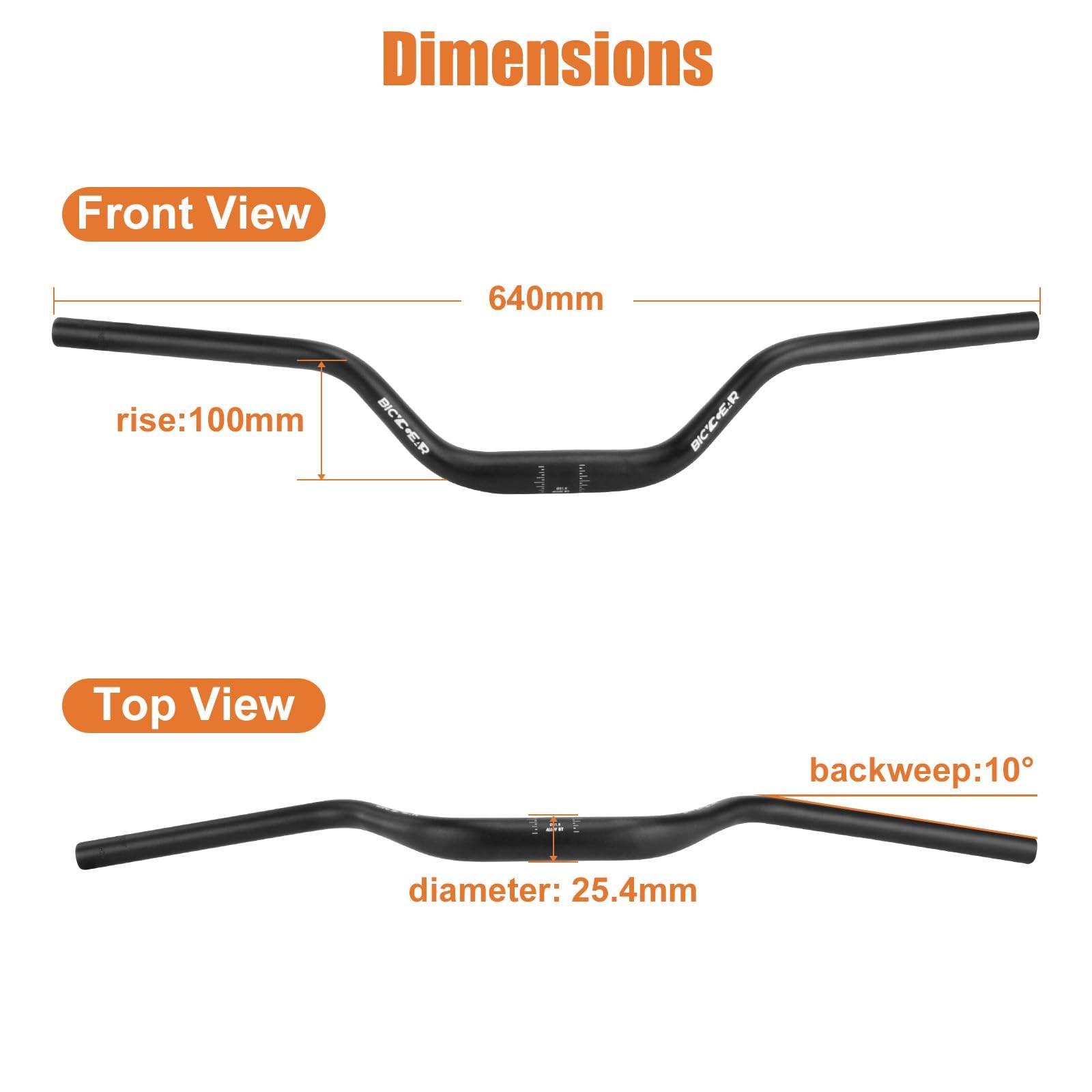 25.4 Mountain Bike Handlebar 640mm, 100mm Rise Bicycle Handlebar 10° Backswee…