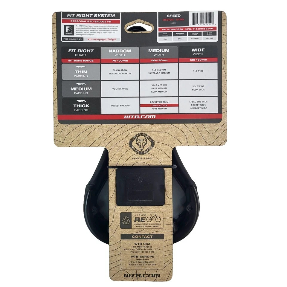 WTB Speed Fit Right medium steel bicycling saddle, new black 145x270mm