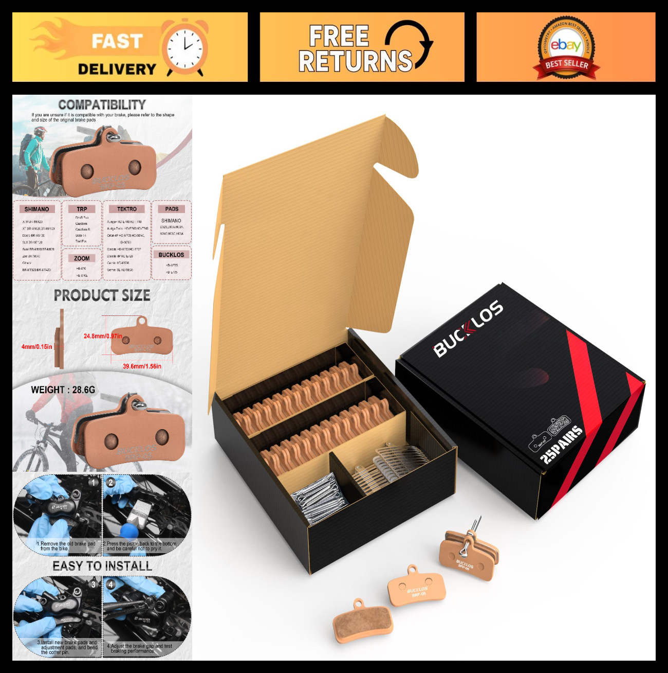 25PC Bike Disc Brake Pads – 4 Piston Shimano D02S D03S MTB Road Ebike Pads