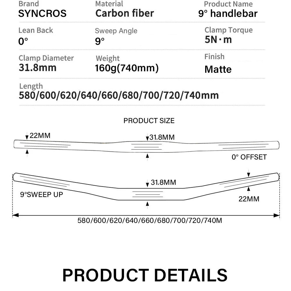 Carbon Fiber MTB Bicycle Handlebars 31.8mm 9 Degree 680/700/720/740mm