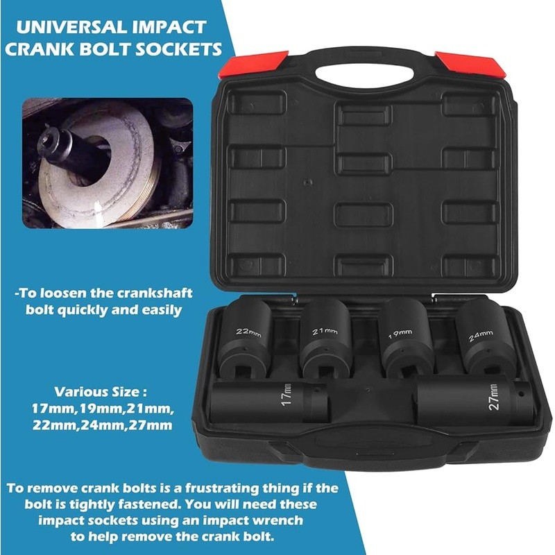 1/2″ Drive Deep Impact Crank Bolt Socket Set 17MM 19MM 21MM 22MM 24MM 27MM Tool