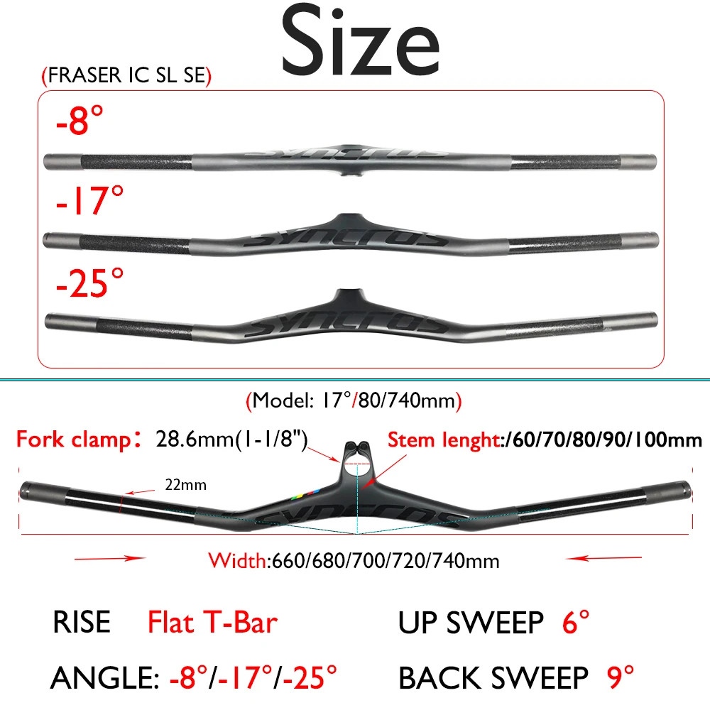 Angle -8/-17/-25 Degrees Syncros Carbon MTB Bicycle Integrated Handlebar