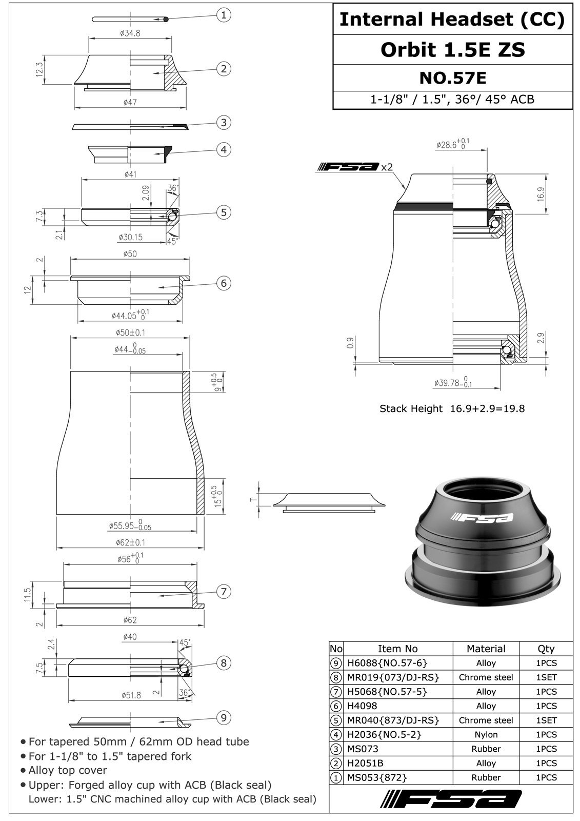 FSA No.57E Orbit Tapered Headset Sealed Bearing 1.5E ZS 1-1/8″-1.5″ OD 50mm/62mm
