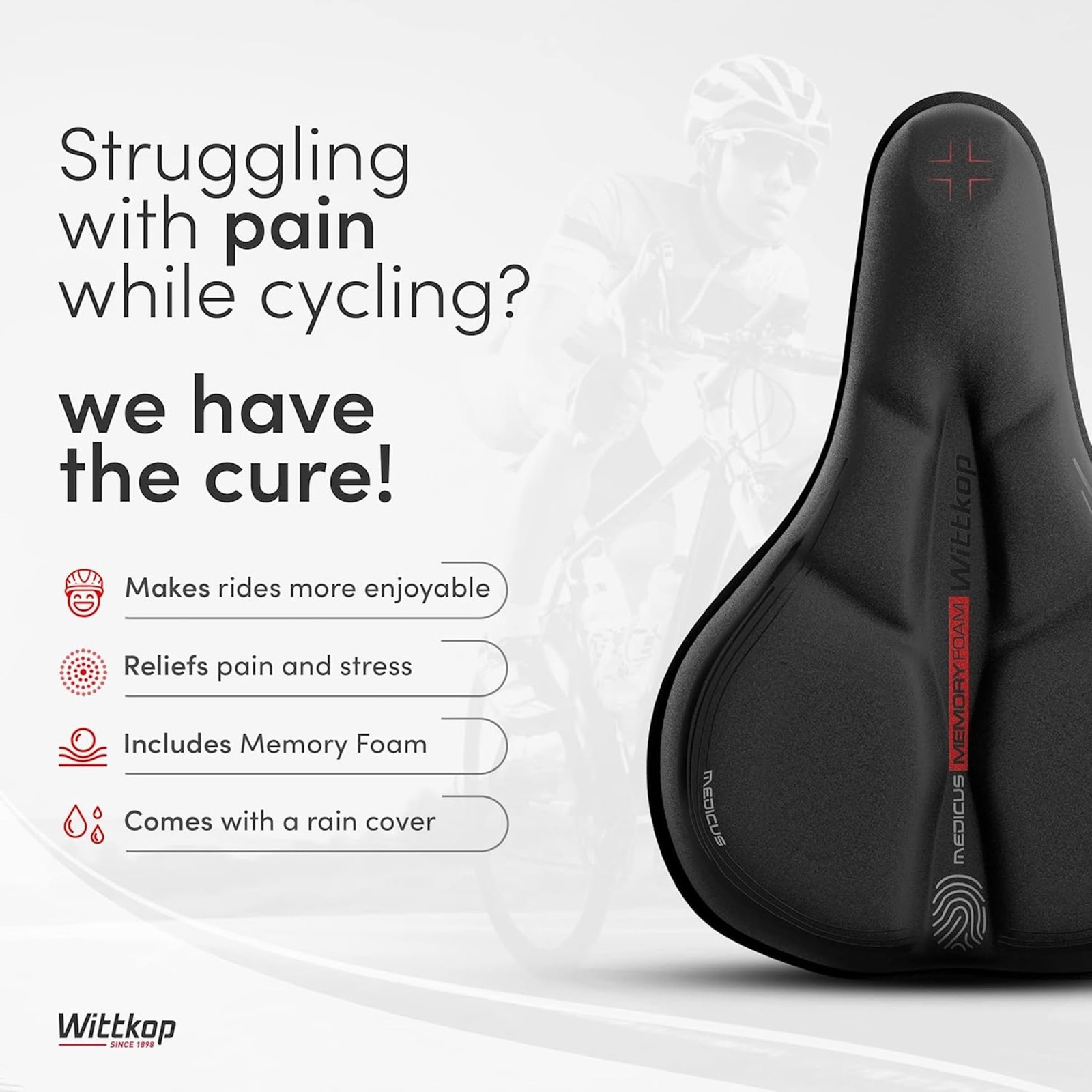 WITTKOP Bike Seat Cushion Made of Comfy Memory Foam I Bike seat Cover for Men…