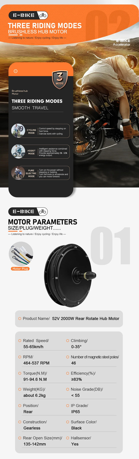 52V 2000W Electric Bike Conversion Kit Rear Hub Motor Wheel 20/26/27.5/29In 700C