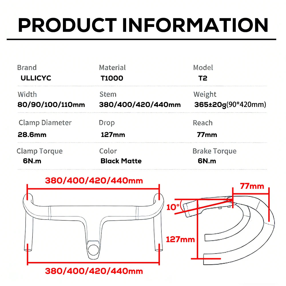Road Bike Full Carbon Integrated CockpitHandlebar 28.6mm -10° 380-440*90-110mm
