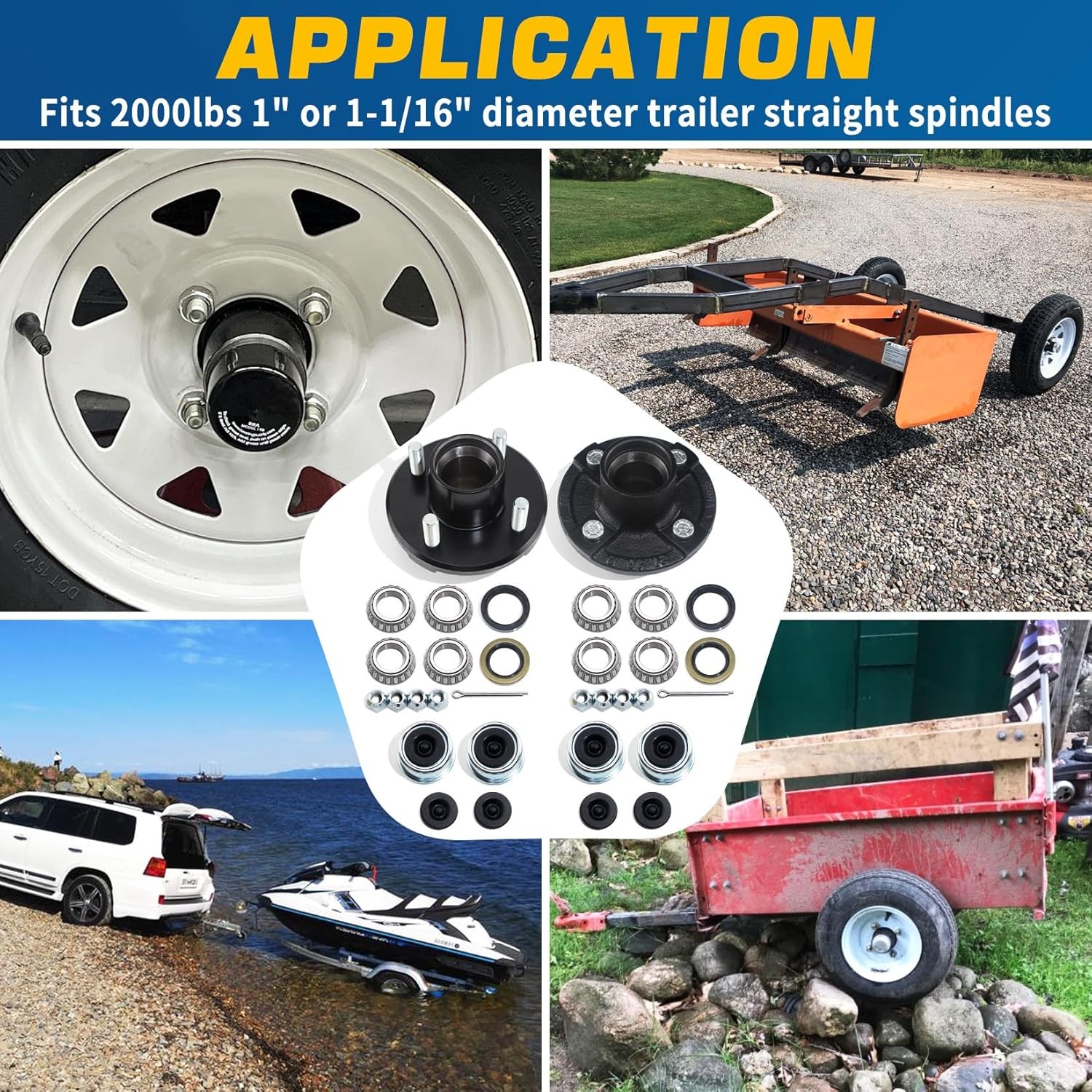 Trailer Hub Kit 1″ 1-1/16″ 2000 lbs Straight Axle 2 Sets 4 on 4» Hub Kit
