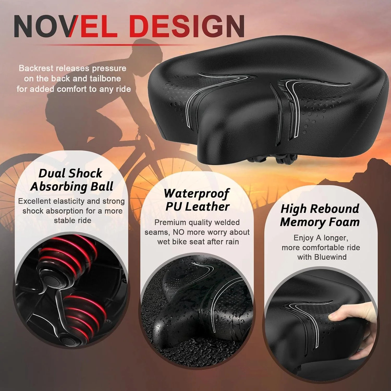 BLUEWIND Oversized Bike Seat, Wide Bicycle Saddle Novel Backrest Design for Elec