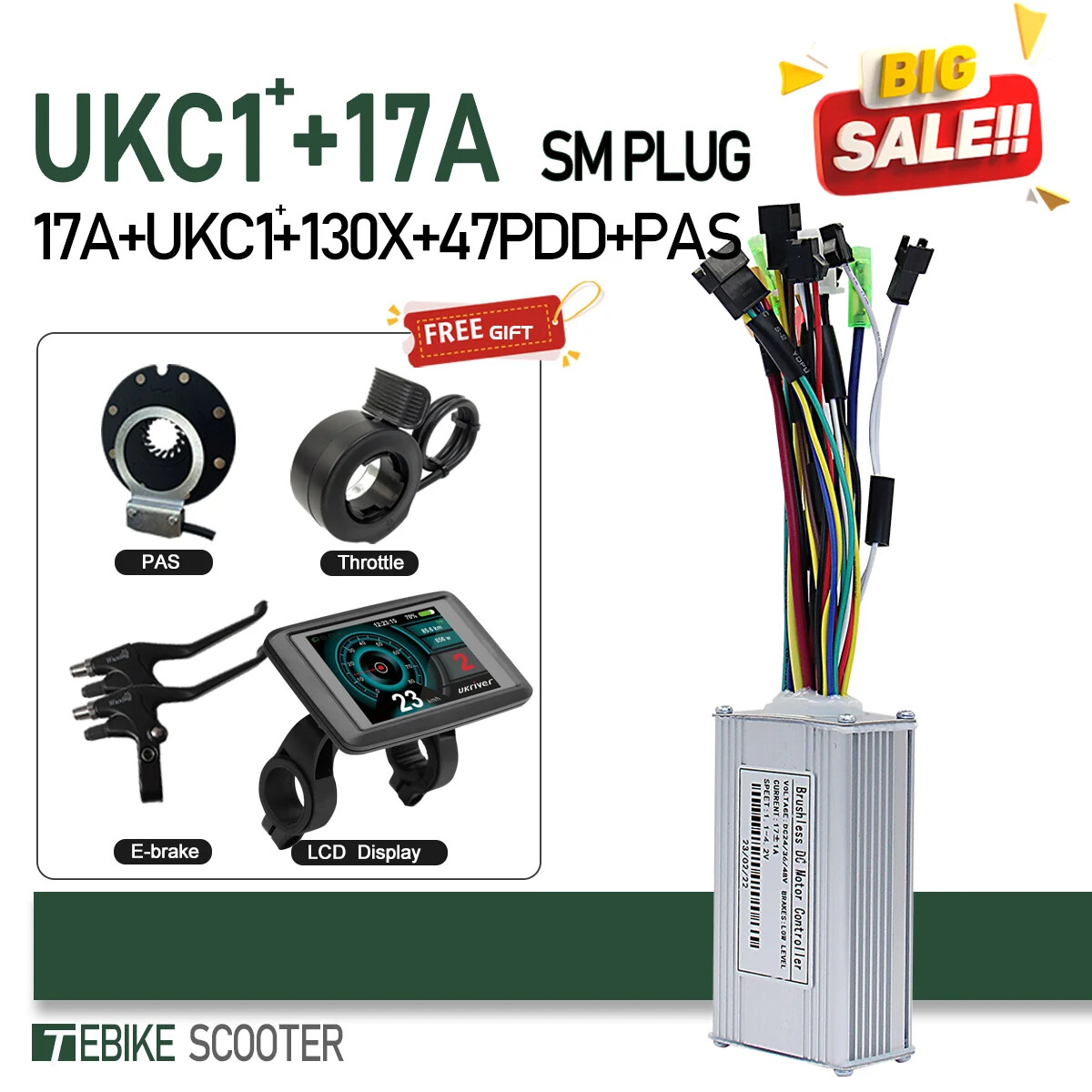 Ebike Sinewave 3 Mode 17A26A30A40A Controller+Color UKC1 Display 250-2000W Motor