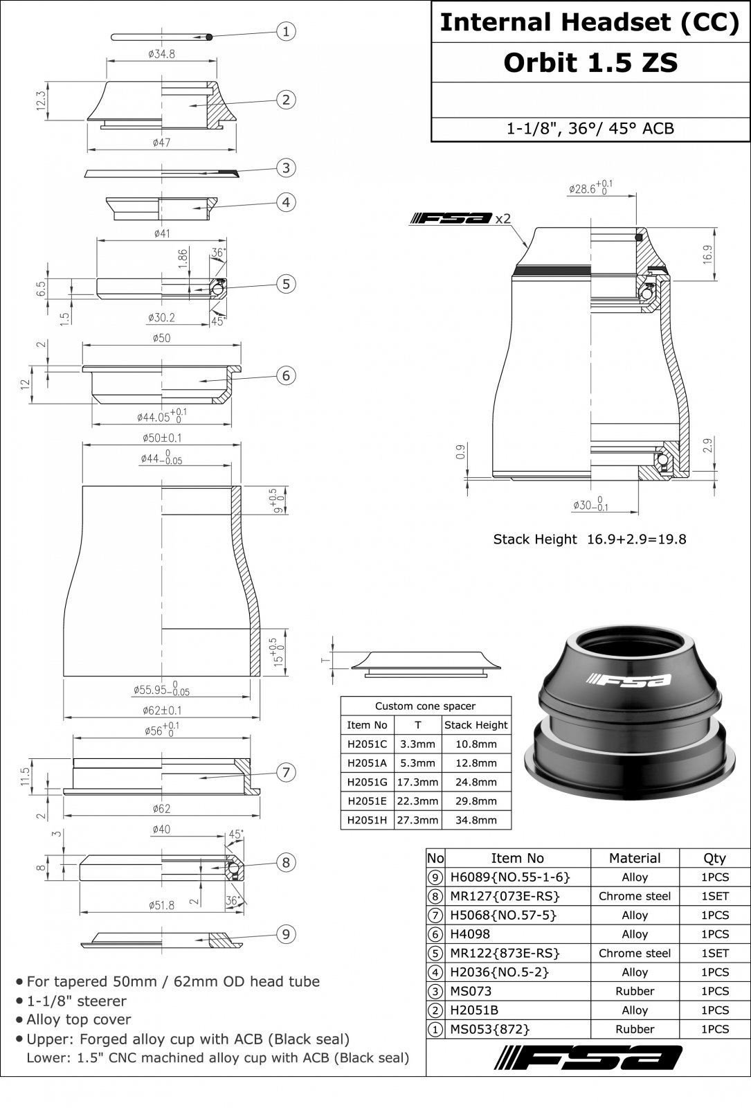 FSA No.57-1 Orbit 1.5 ZS 1-1/8″ Tapered Headset OD 50mm/62mm With Top Cap