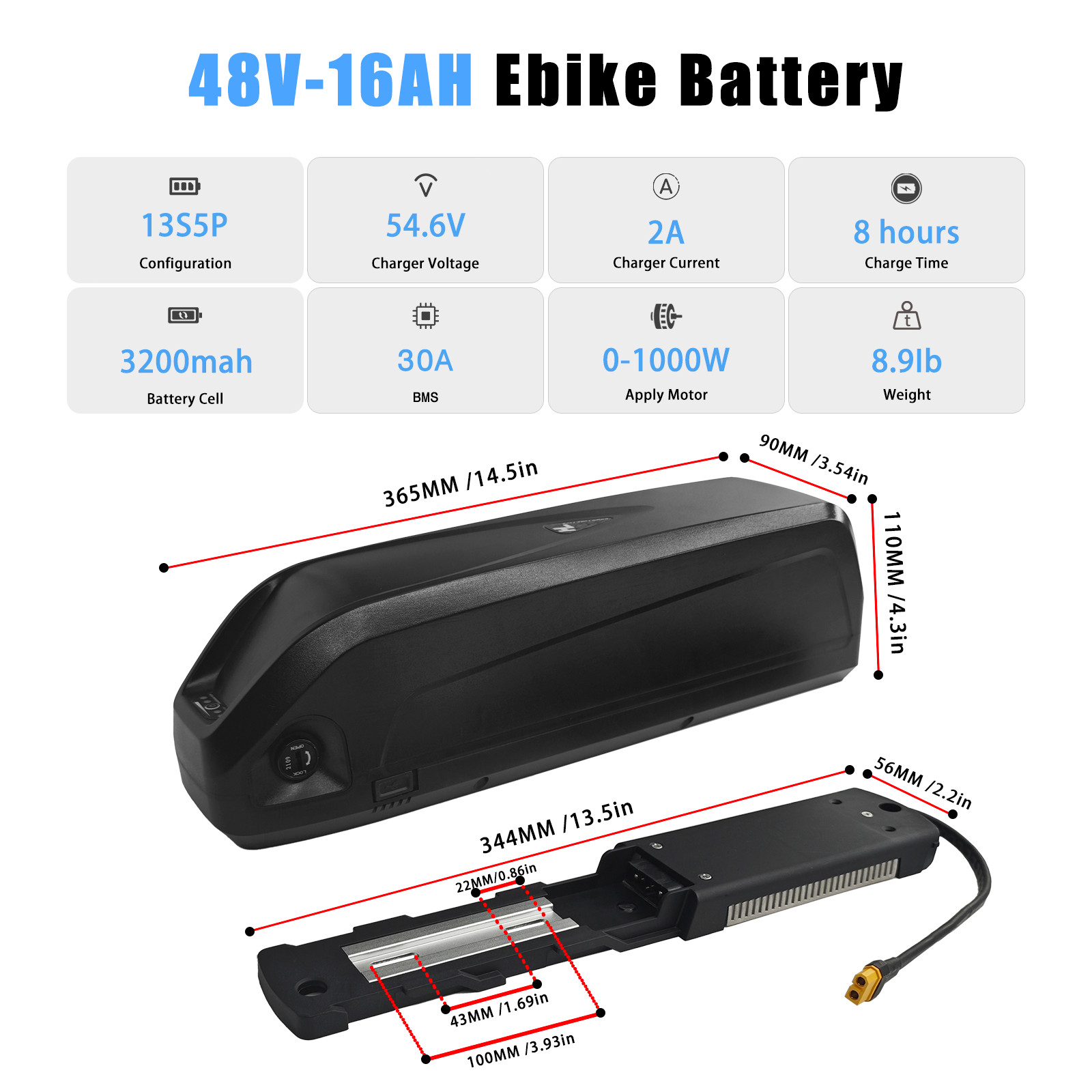 48V 20Ah Battery with 30A BMS, 5-Pin Base Connector, 2A Charger, Safety Lock