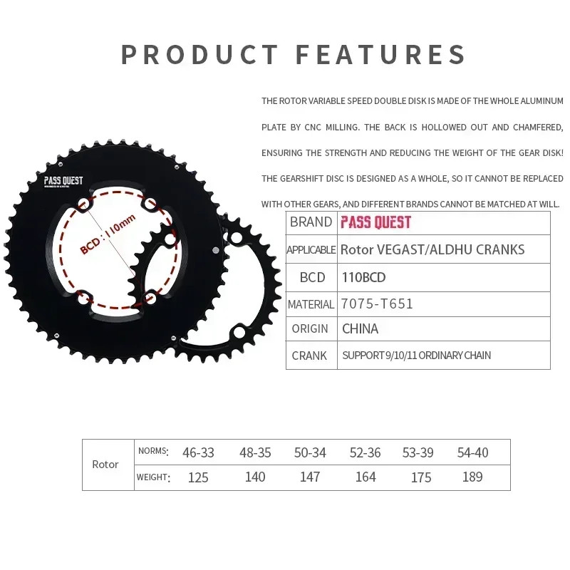 PASS QUEST 110 BCD Double Chainring for ROTOR VEGAST ALDHU Road Bike Crown