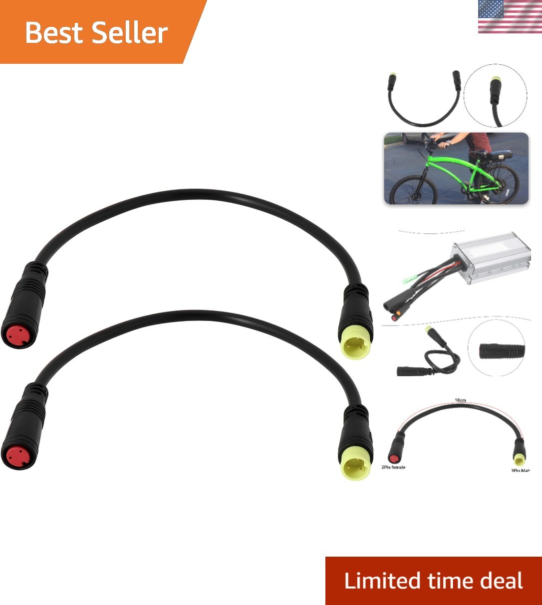 Compact M8 Electric Bike Extension Cable: 16cm 3Pin to 2Pin Waterproof Plug