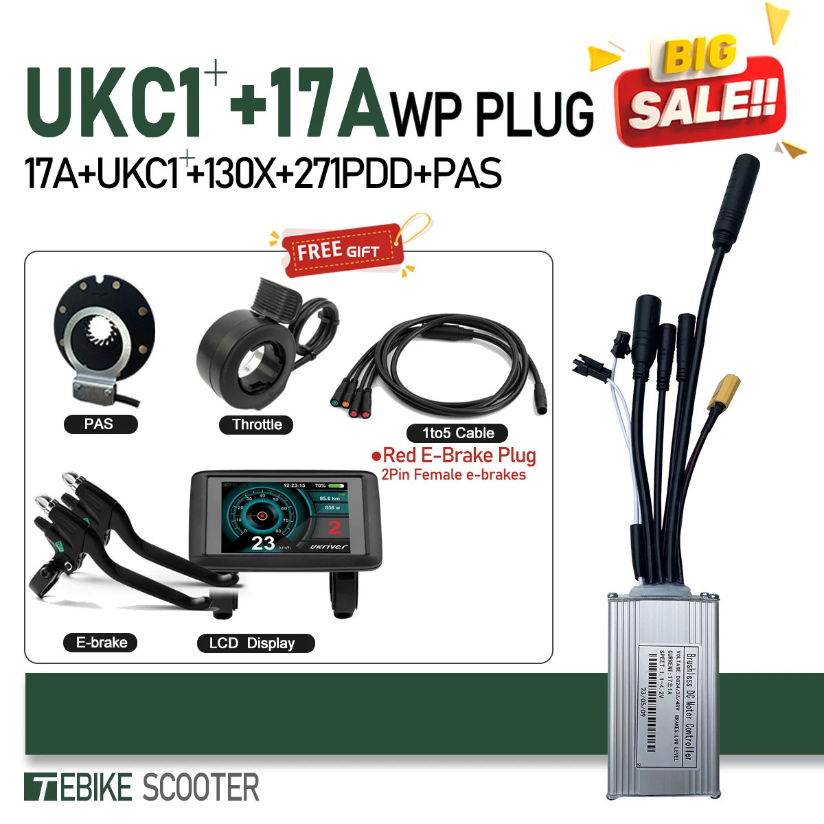 Ebike 3-Mode SineWave Controller 17A 26A 30A 40A with LCD UKC1 Display 1T5 Cable